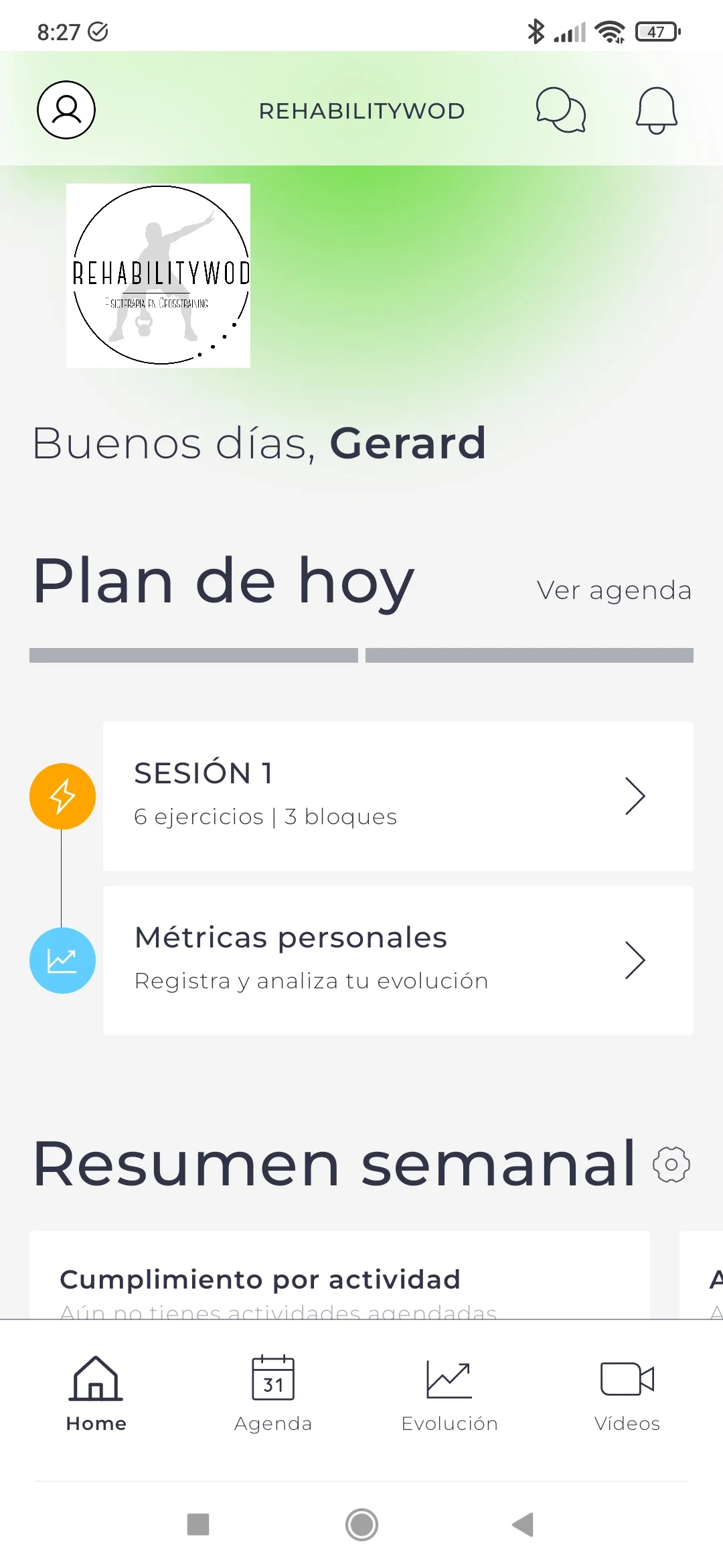 Captura de la app de RehabilityWOD: plan de hoy con la sesión y las métricas personales