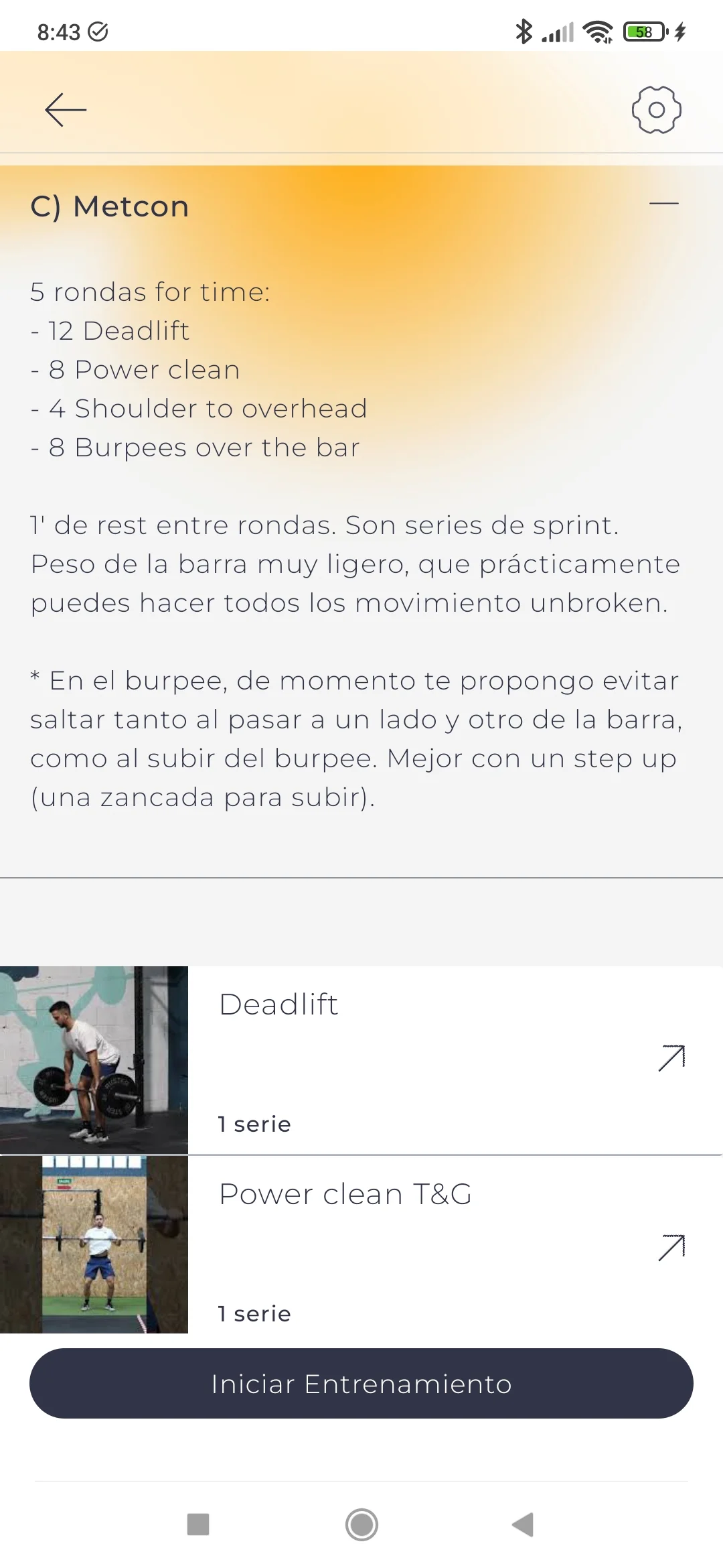 Captura de la app: sesión de metcon con las adaptaciones indicadas por Gerard