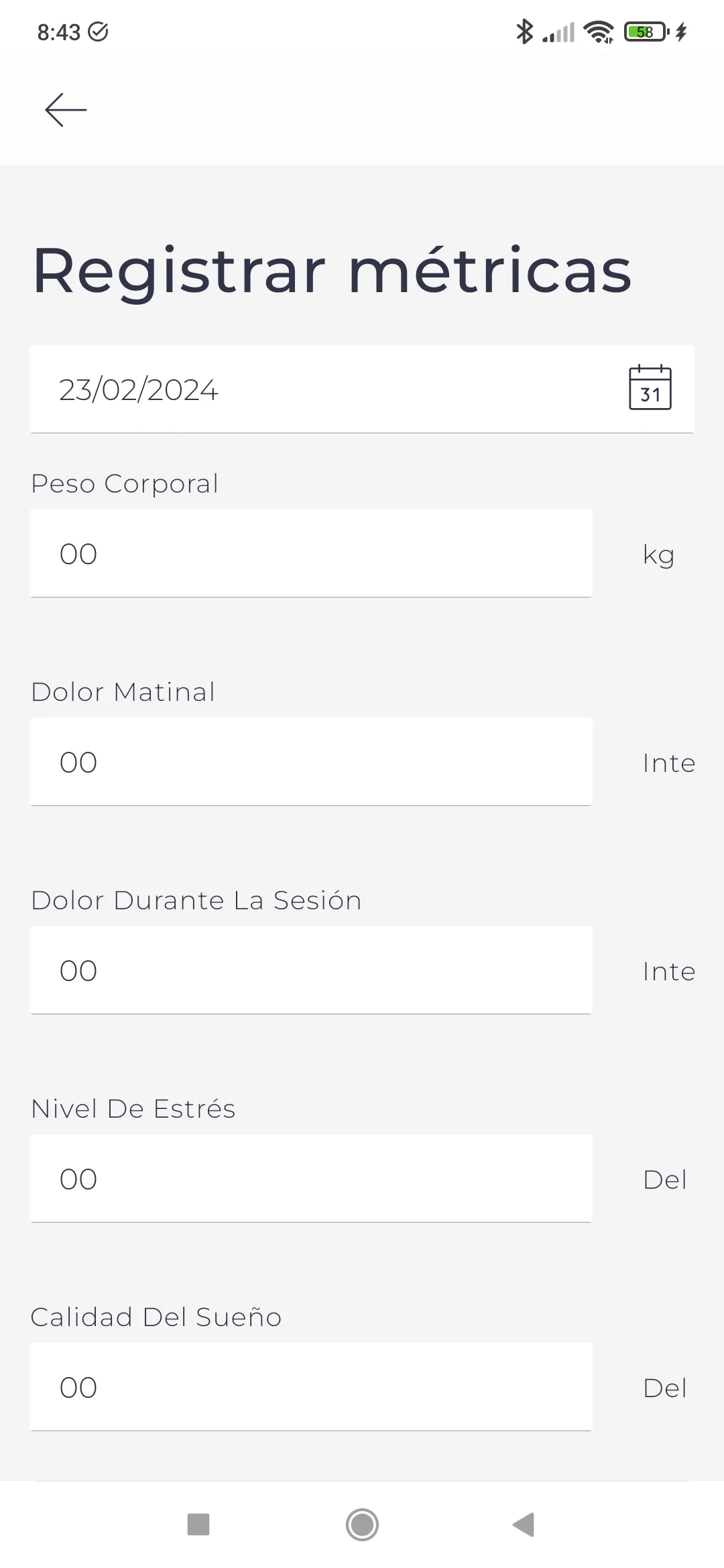 Captura de la app: registro diario de dolor, estrés y calidad del sueño